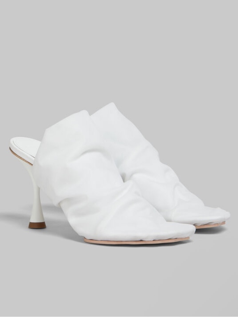 Marni White Stretch Ruched Mule Sandals
